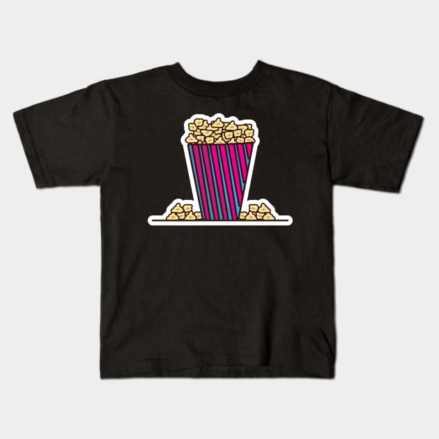 Popcorn In Popcorn Pack Sticker vector illustration. Movie cinema icon concept. Snack food. Big red blue strip box with popcorn sticker vector design with shadow. Kids T-Shirt by AlviStudio
